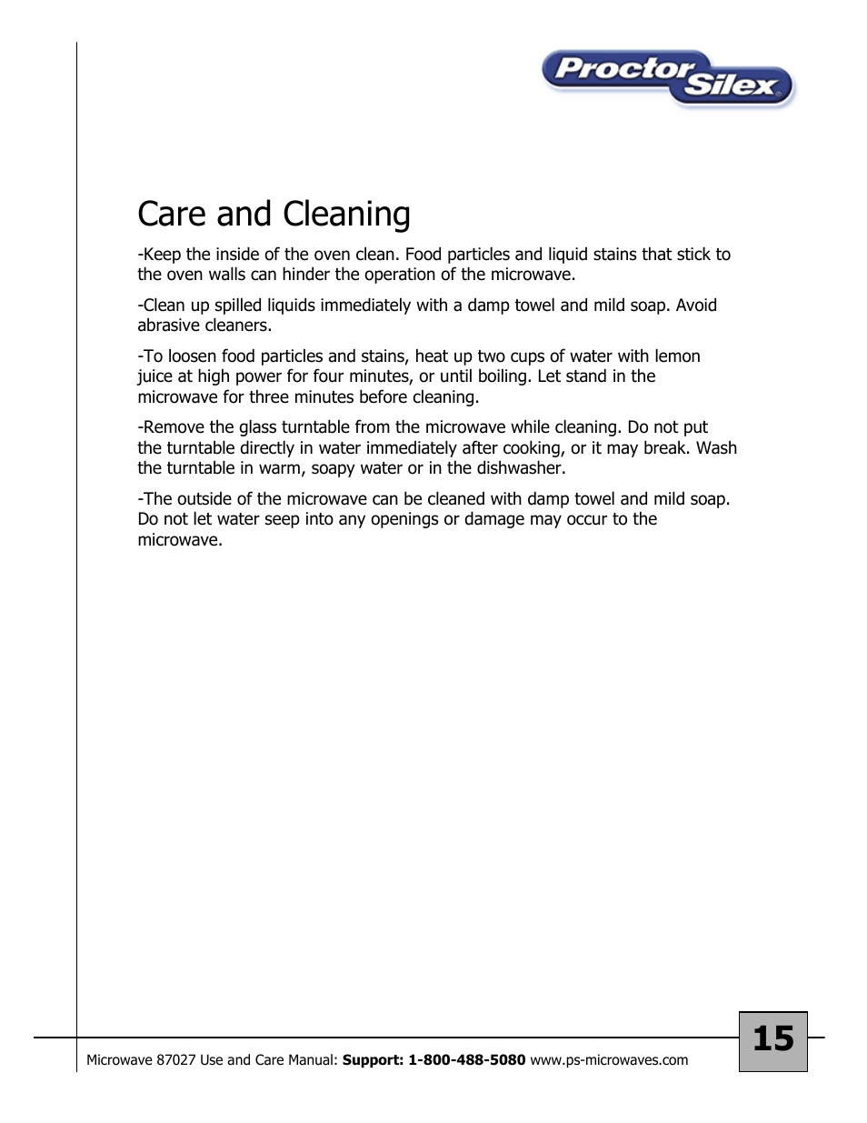 15 care and cleaning | Proctor-Silex 87027 User Manual | Page 15 / 17