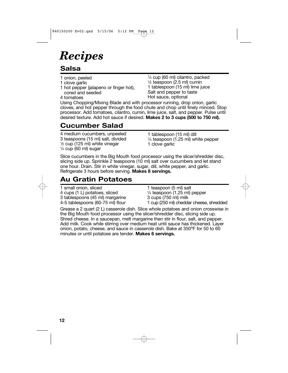 Recipes, Salsa, Cucumber salad | Au gratin potatoes | Proctor-Silex 840150200 User Manual | Page 12 / 52