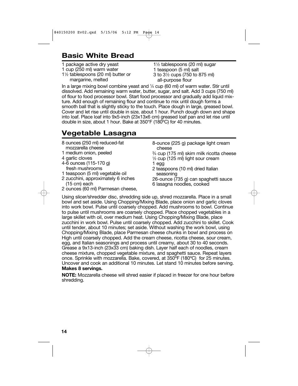Basic white bread, Vegetable lasagna | Proctor-Silex 840150200 User Manual | Page 14 / 52