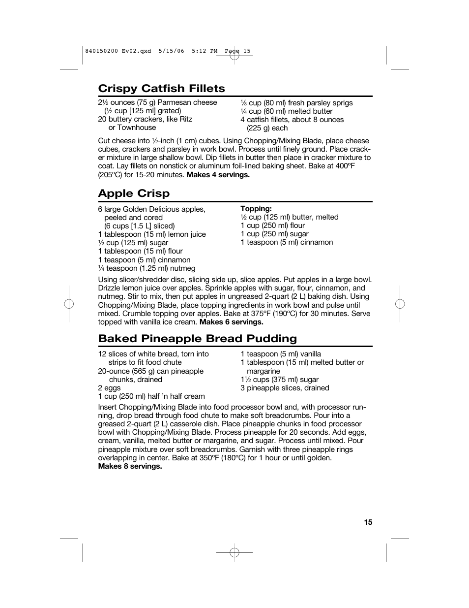 Crispy catfish fillets, Apple crisp, Baked pineapple bread pudding | Proctor-Silex 840150200 User Manual | Page 15 / 52