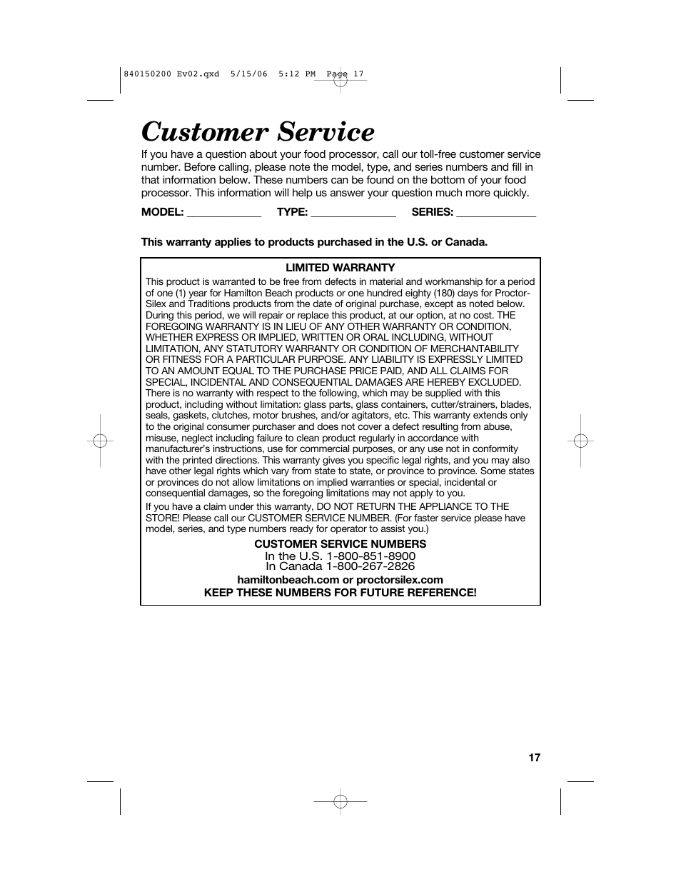 Customer service | Proctor-Silex 840150200 User Manual | Page 17 / 52