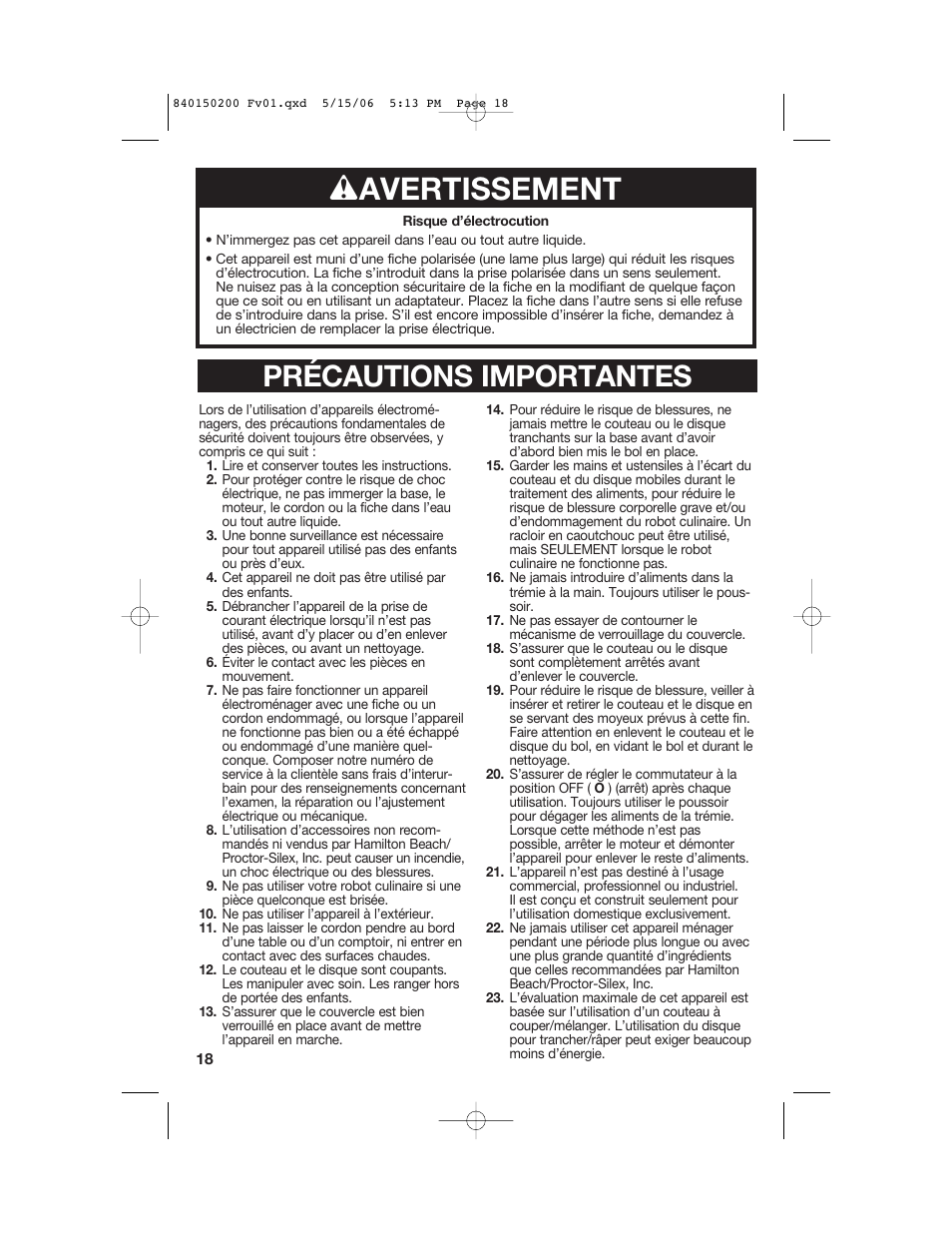 W avertissement, Précautions importantes | Proctor-Silex 840150200 User Manual | Page 18 / 52