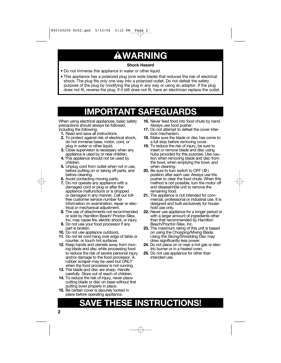 W warning, Important safeguards save these instructions | Proctor-Silex 840150200 User Manual | Page 2 / 52