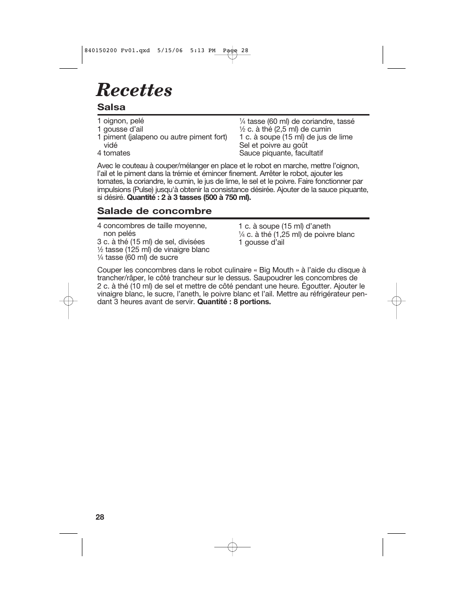 Recettes, Salsa, Salade de concombre | Proctor-Silex 840150200 User Manual | Page 28 / 52