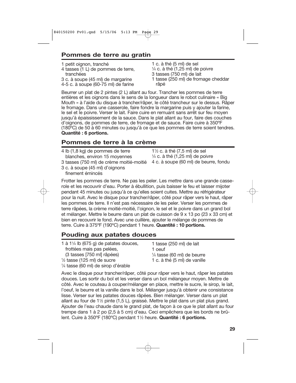 Pommes de terre au gratin, Pommes de terre à la crème, Pouding aux patates douces | Proctor-Silex 840150200 User Manual | Page 29 / 52
