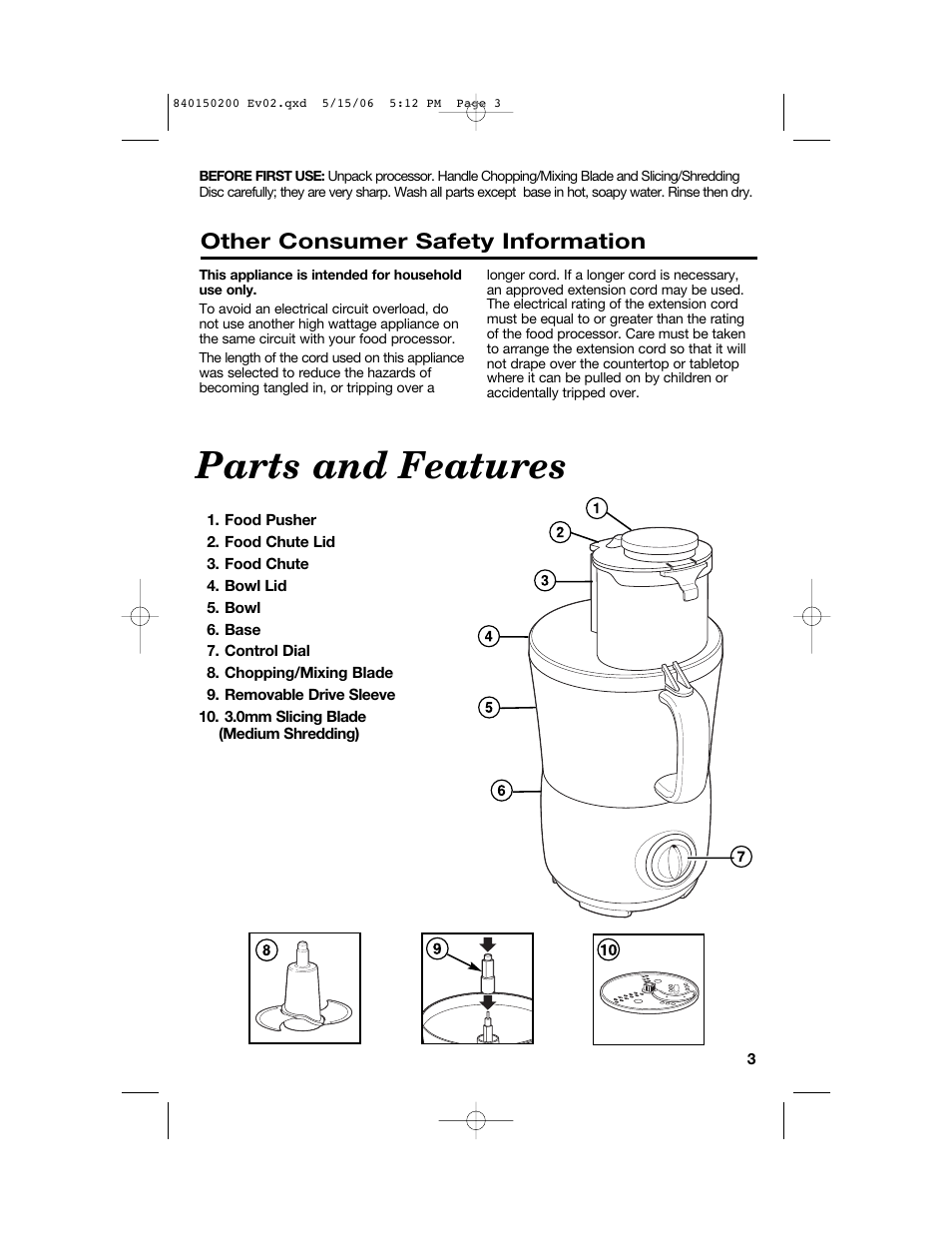 Parts and features, Other consumer safety information | Proctor-Silex 840150200 User Manual | Page 3 / 52