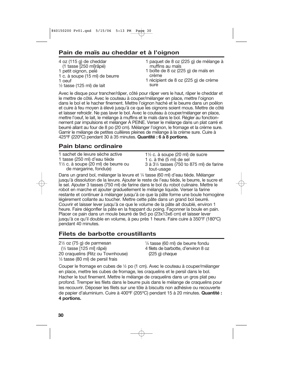 Pain de maïs au cheddar et à l’oignon, Pain blanc ordinaire, Filets de barbotte croustillants | Proctor-Silex 840150200 User Manual | Page 30 / 52