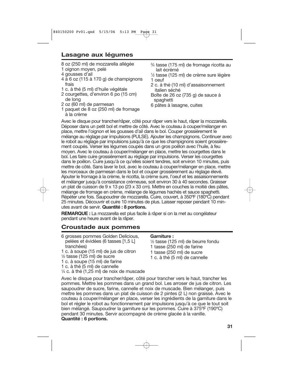 Lasagne aux légumes, Croustade aux pommes | Proctor-Silex 840150200 User Manual | Page 31 / 52