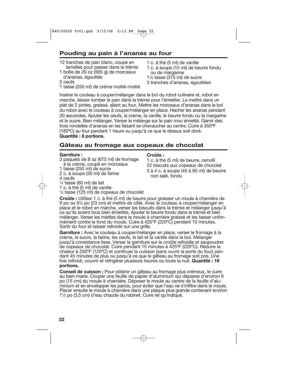 Pouding au pain à l’ananas au four, Gâteau au fromage aux copeaux de chocolat | Proctor-Silex 840150200 User Manual | Page 32 / 52