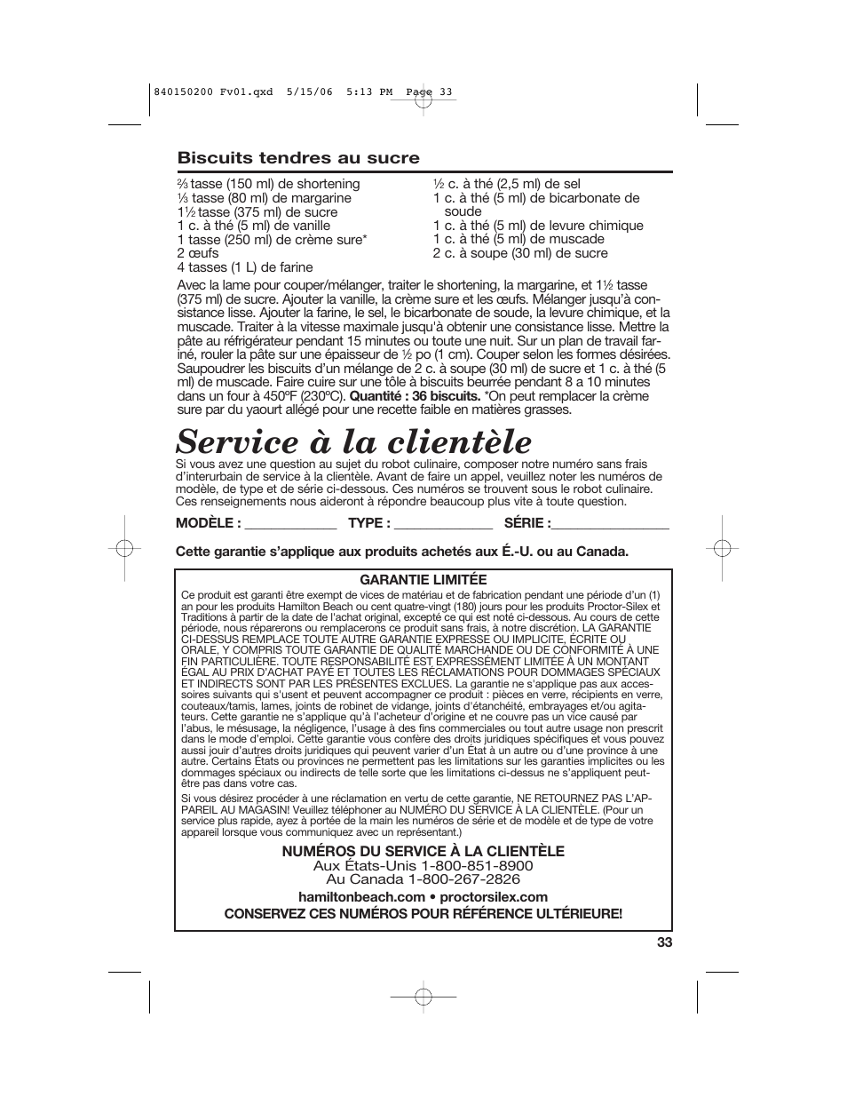Service à la clientèle, Biscuits tendres au sucre | Proctor-Silex 840150200 User Manual | Page 33 / 52
