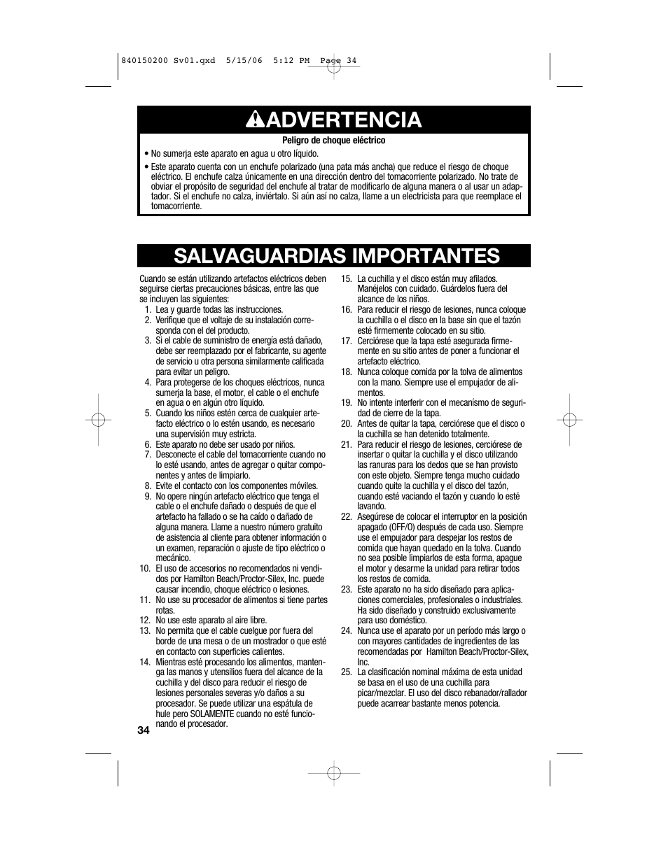 W advertencia, Salvaguardias importantes | Proctor-Silex 840150200 User Manual | Page 34 / 52