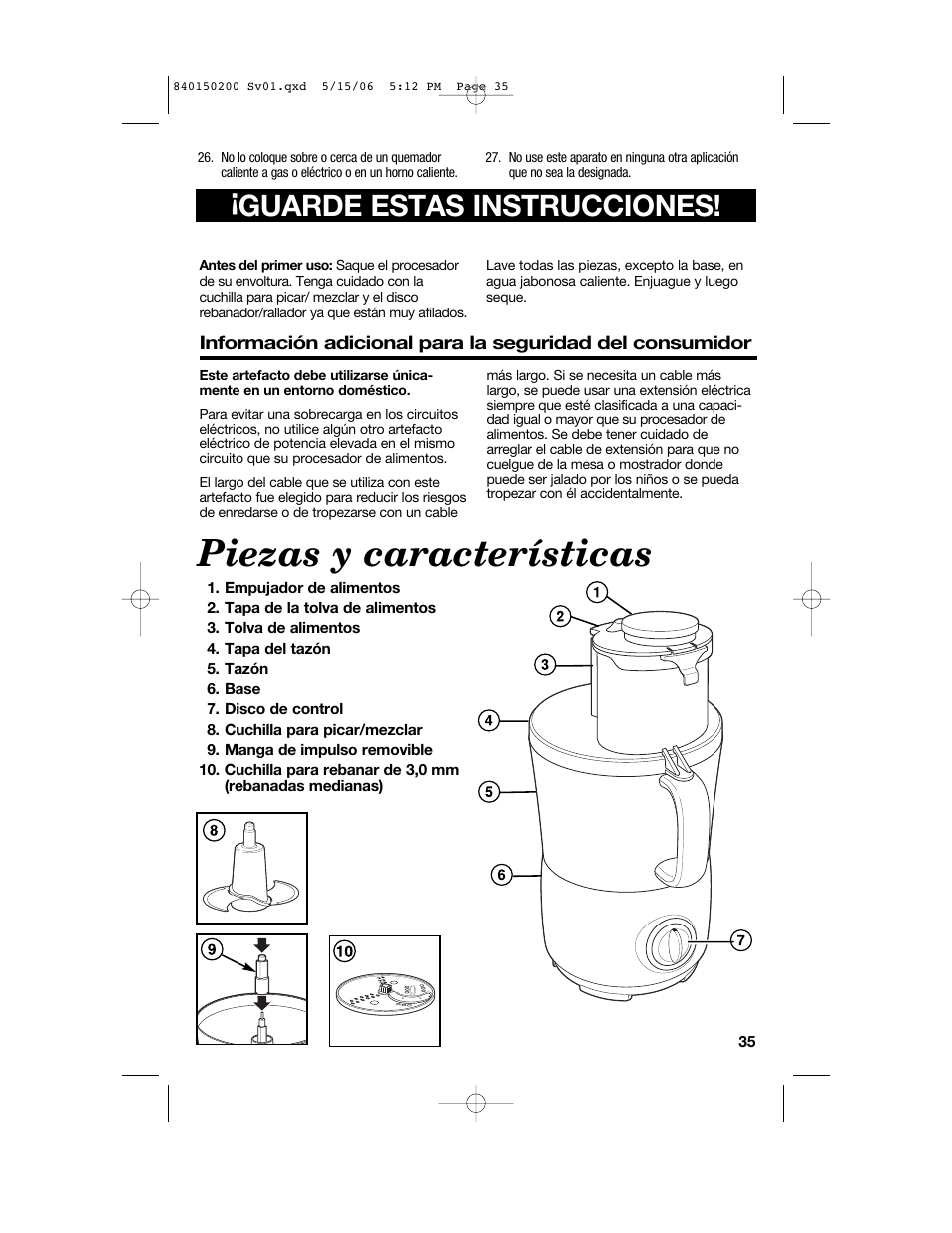 Piezas y características, Guarde estas instrucciones | Proctor-Silex 840150200 User Manual | Page 35 / 52