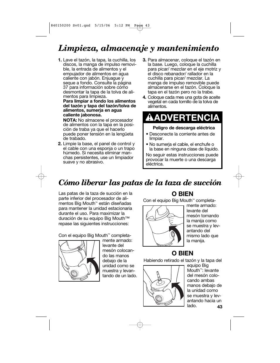 W advertencia, Limpieza, almacenaje y mantenimiento, Cómo liberar las patas de la taza de succión | O bien | Proctor-Silex 840150200 User Manual | Page 43 / 52