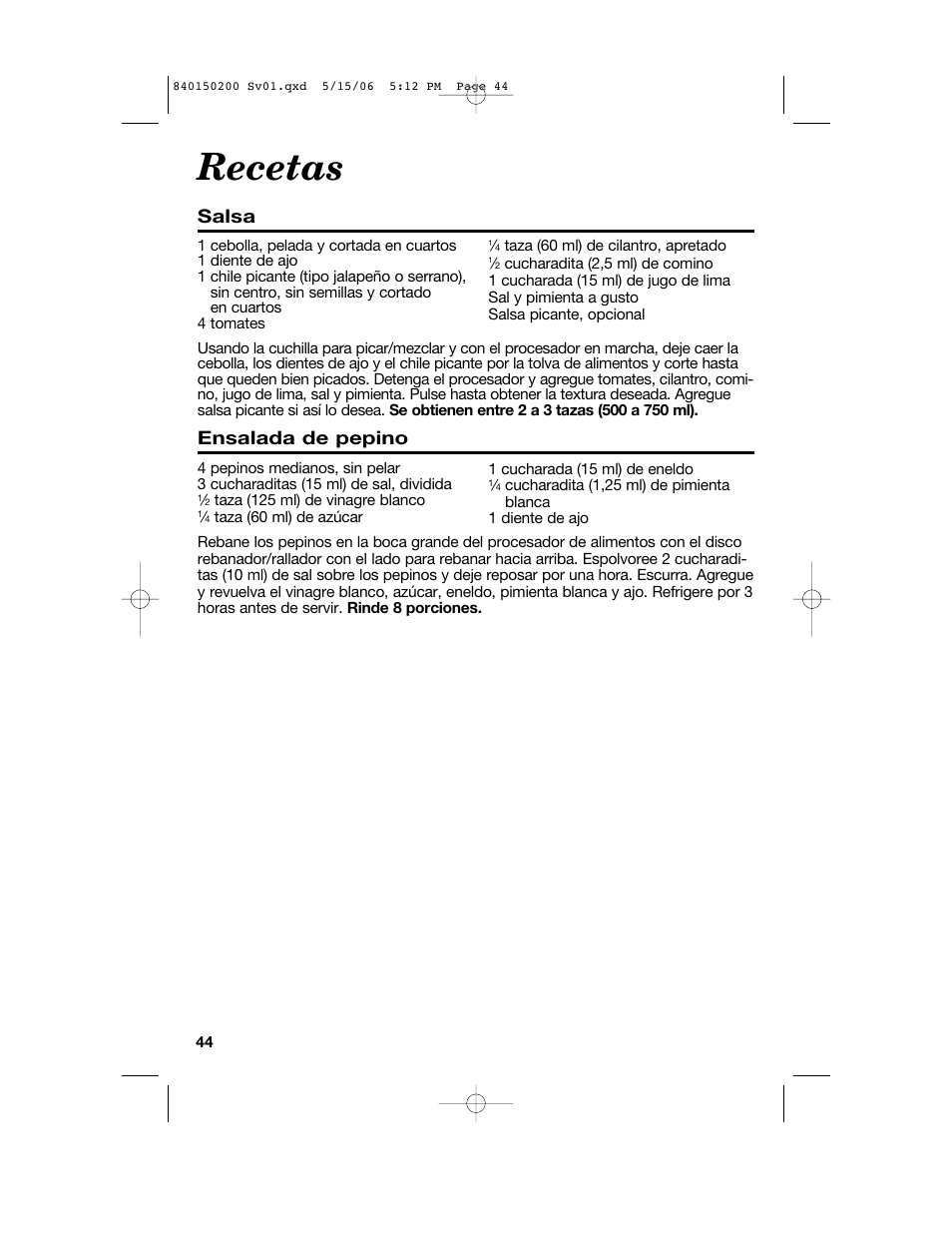 Recetas, Salsa, Ensalada de pepino | Proctor-Silex 840150200 User Manual | Page 44 / 52