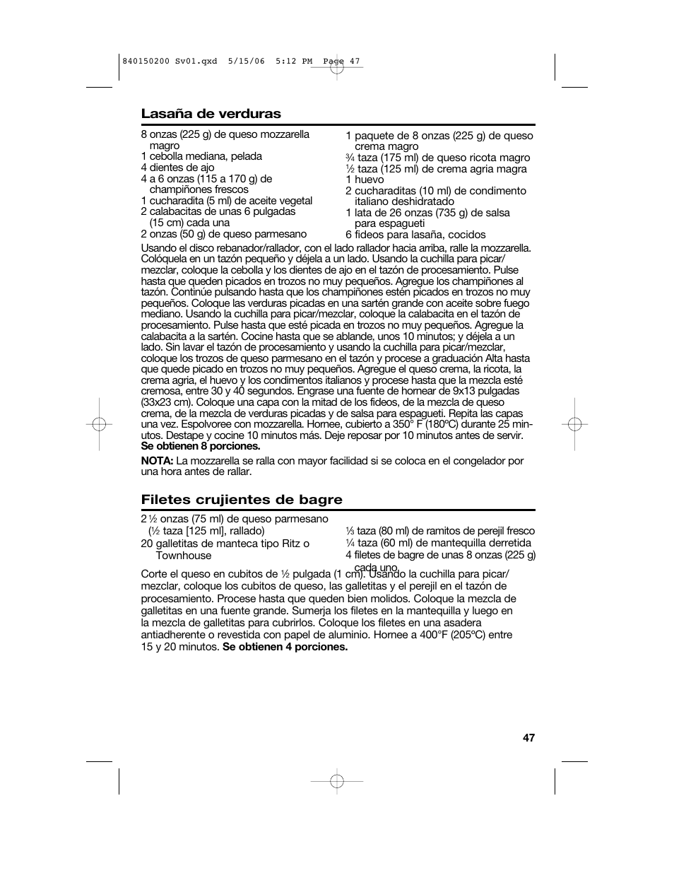Lasaña de verduras, Filetes crujientes de bagre | Proctor-Silex 840150200 User Manual | Page 47 / 52
