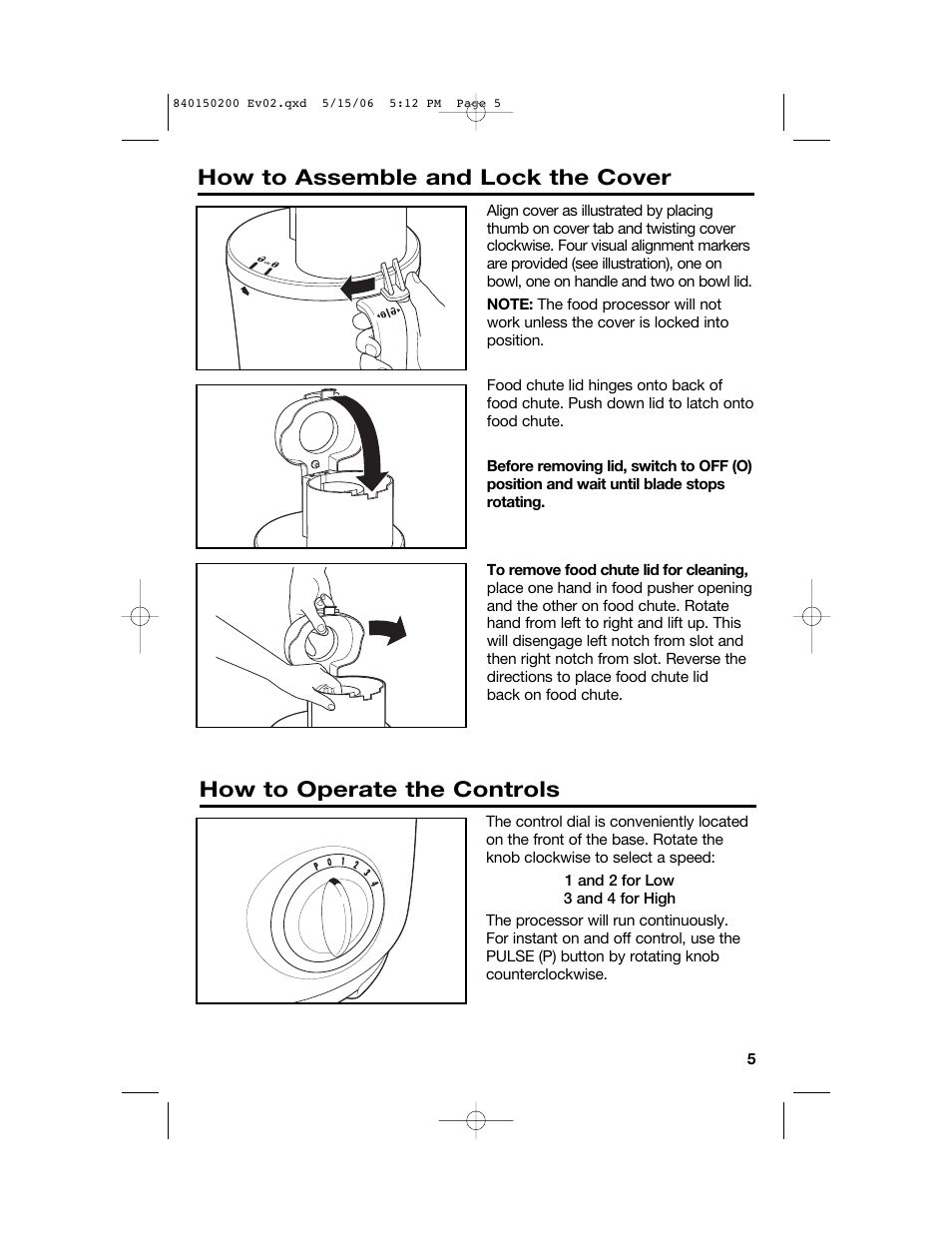 How to assemble and lock the cover, How to operate the controls | Proctor-Silex 840150200 User Manual | Page 5 / 52