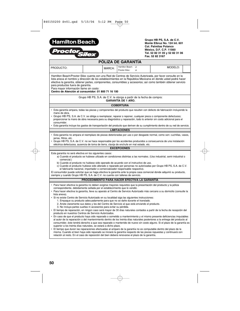 Póliza de garantía | Proctor-Silex 840150200 User Manual | Page 50 / 52
