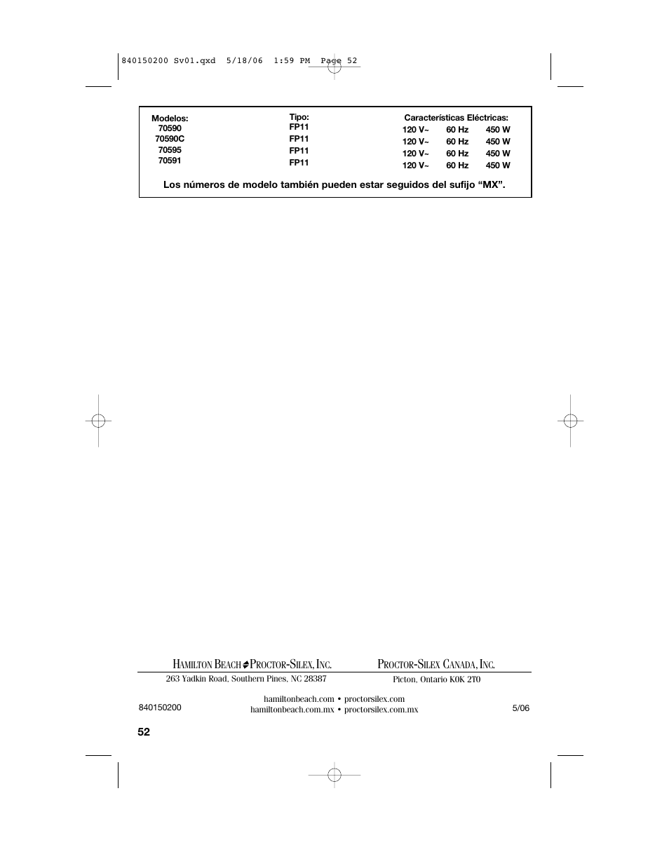 Proctor-Silex 840150200 User Manual | Page 52 / 52