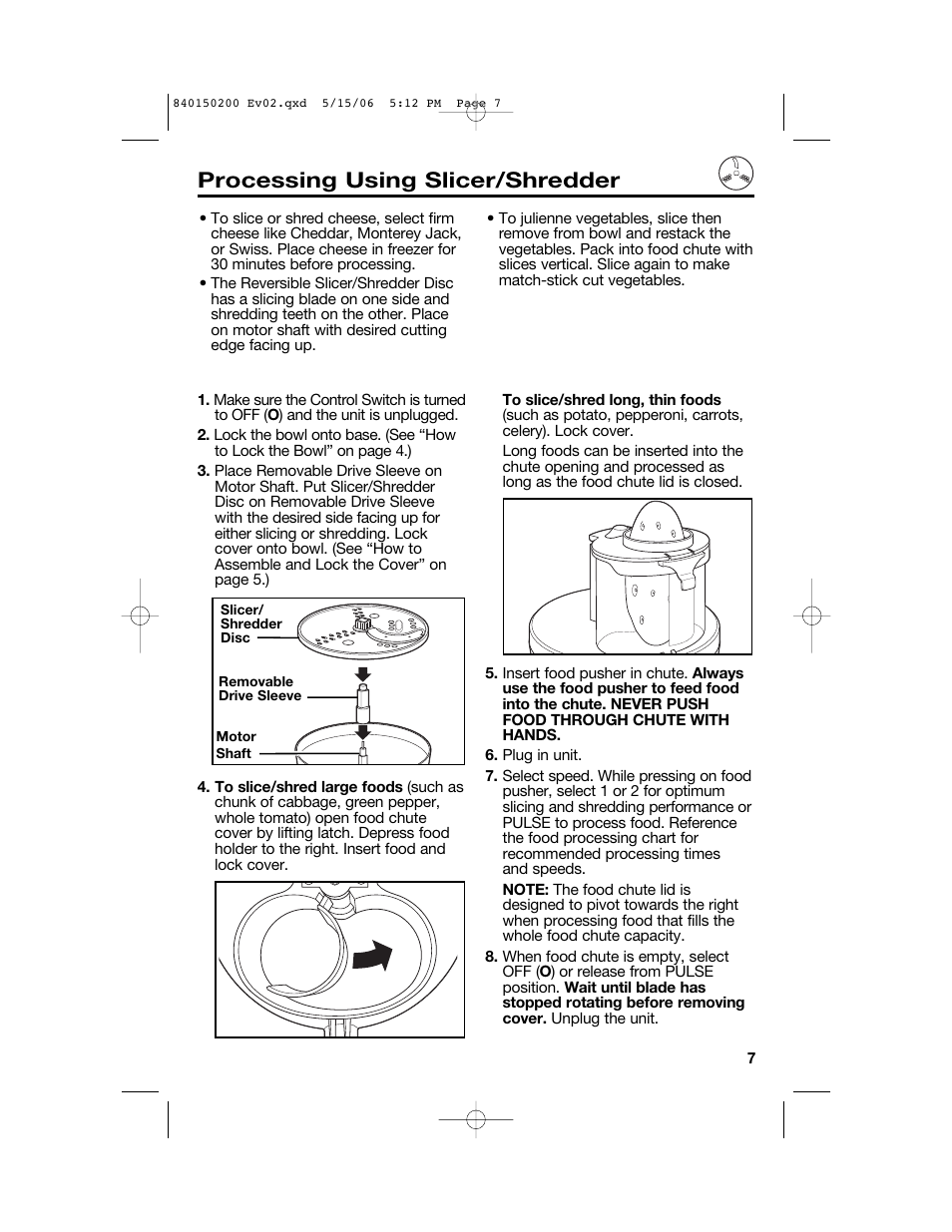 Processing using slicer/shredder | Proctor-Silex 840150200 User Manual | Page 7 / 52