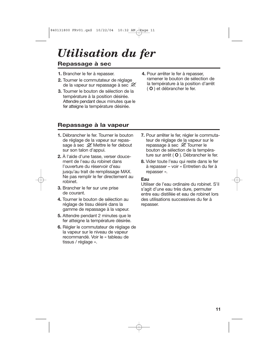 Utilisation du fer | Proctor-Silex 17610 User Manual | Page 11 / 24