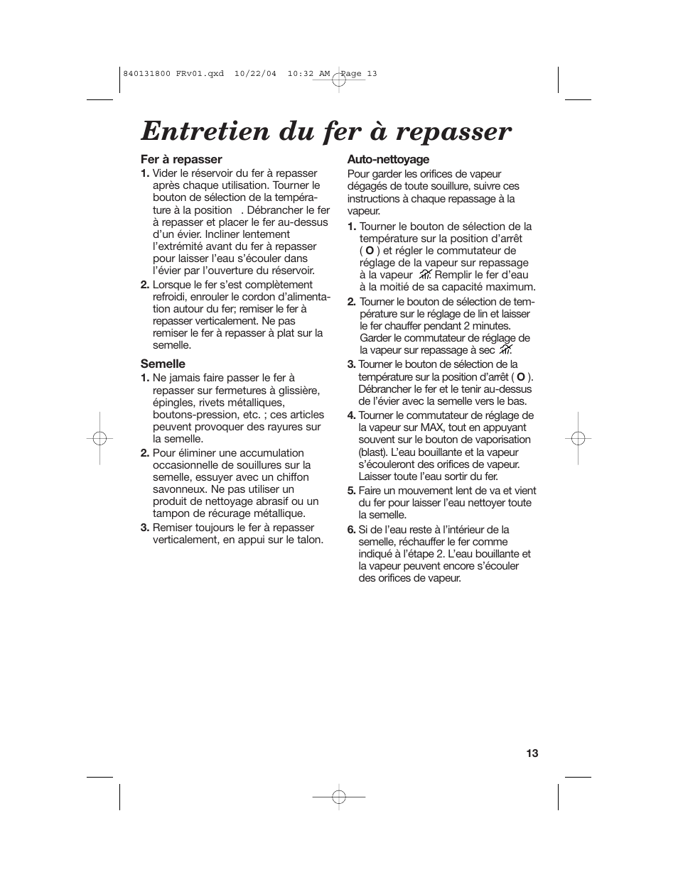 Entretien du fer à repasser | Proctor-Silex 17610 User Manual | Page 13 / 24