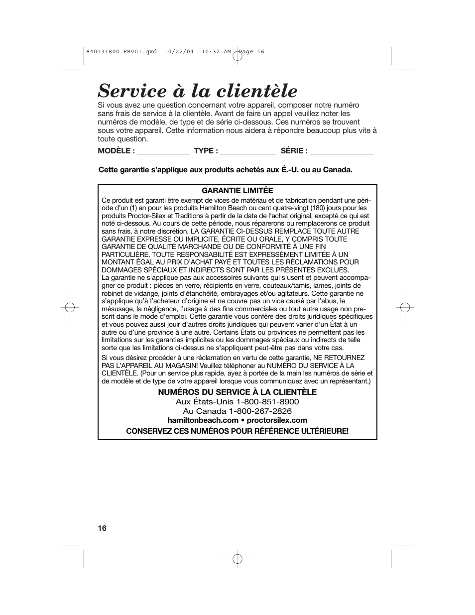 Service à la clientèle | Proctor-Silex 17610 User Manual | Page 16 / 24