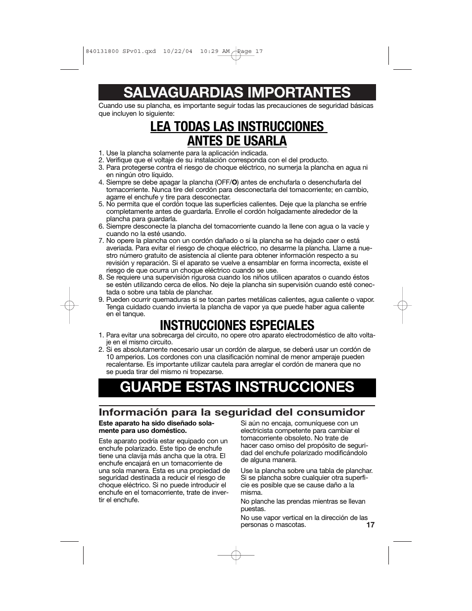 Lea todas las instrucciones antes de usarla, Instrucciones especiales, Información para la seguridad del consumidor | Proctor-Silex 17610 User Manual | Page 17 / 24