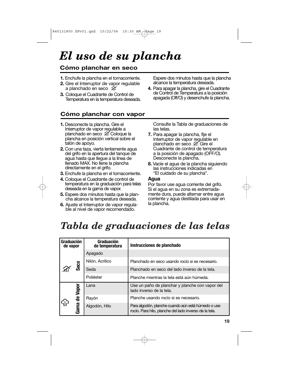 El uso de su plancha, Tabla de graduaciones de las telas | Proctor-Silex 17610 User Manual | Page 19 / 24