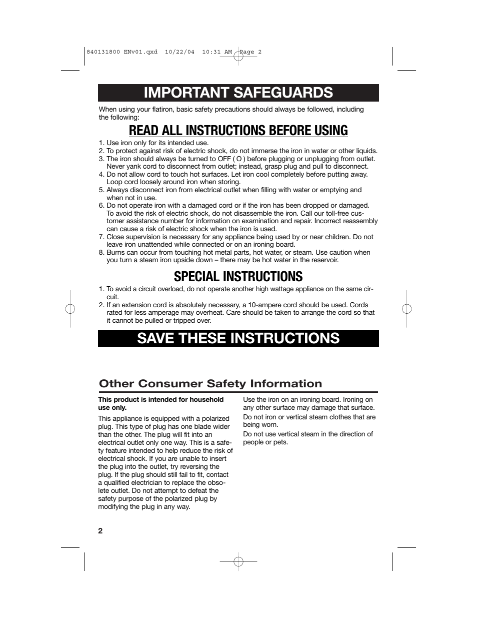 Important safeguards, Save these instructions, Read all instructions before using | Special instructions, Other consumer safety information | Proctor-Silex 17610 User Manual | Page 2 / 24