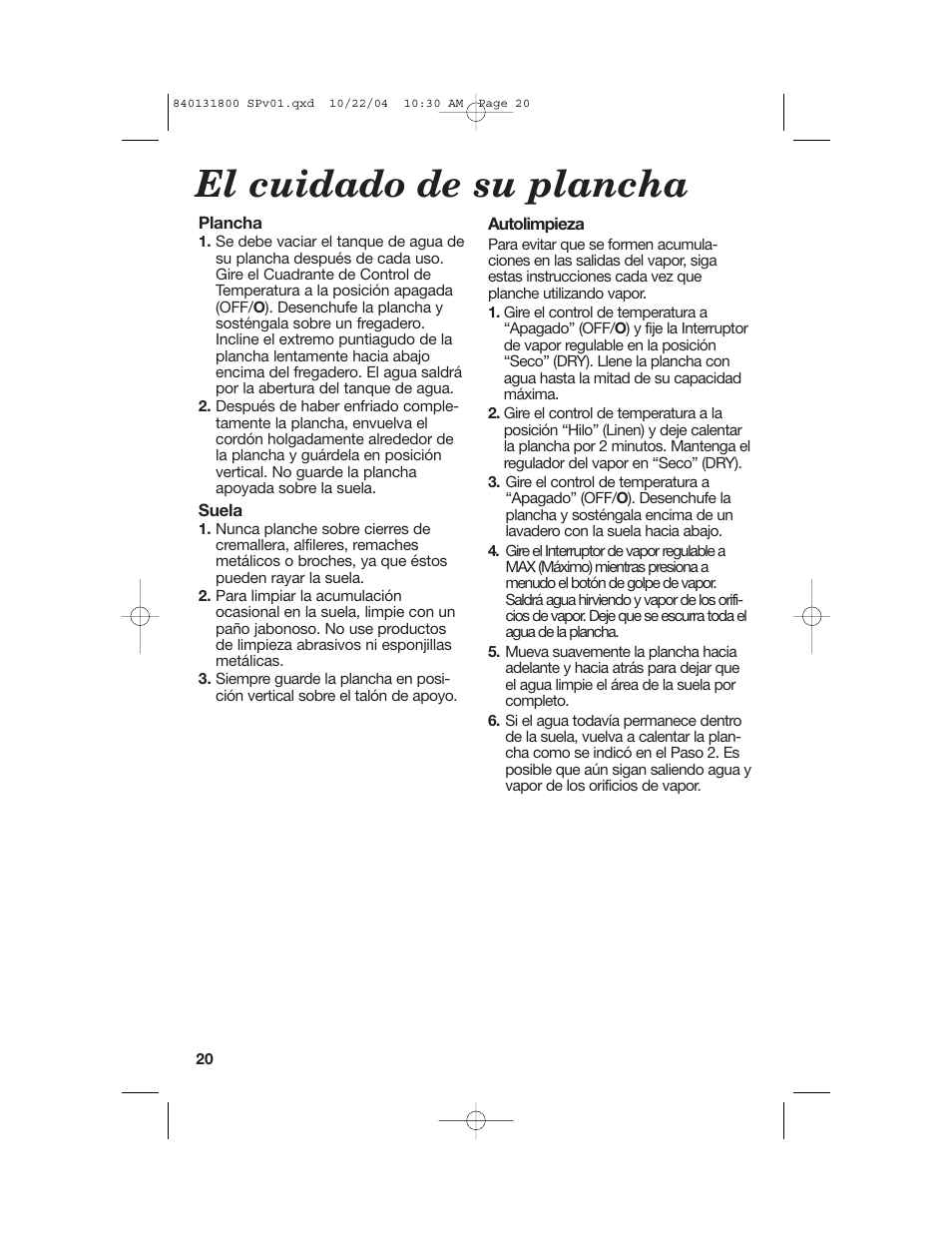 El cuidado de su plancha | Proctor-Silex 17610 User Manual | Page 20 / 24