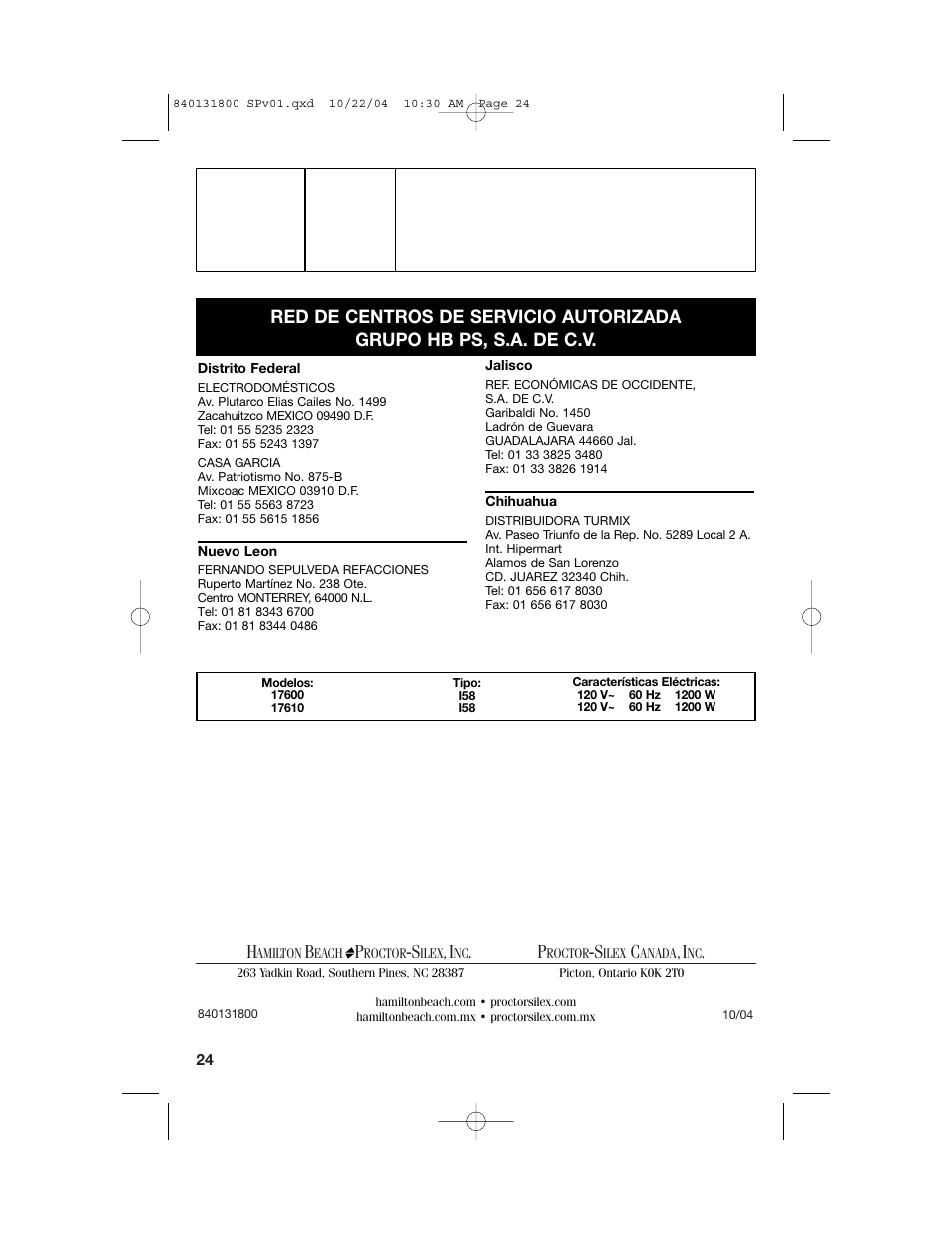 Proctor-Silex 17610 User Manual | Page 24 / 24