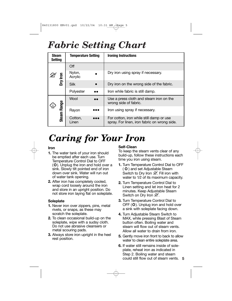 Fabric setting chart, Caring for your iron | Proctor-Silex 17610 User Manual | Page 5 / 24