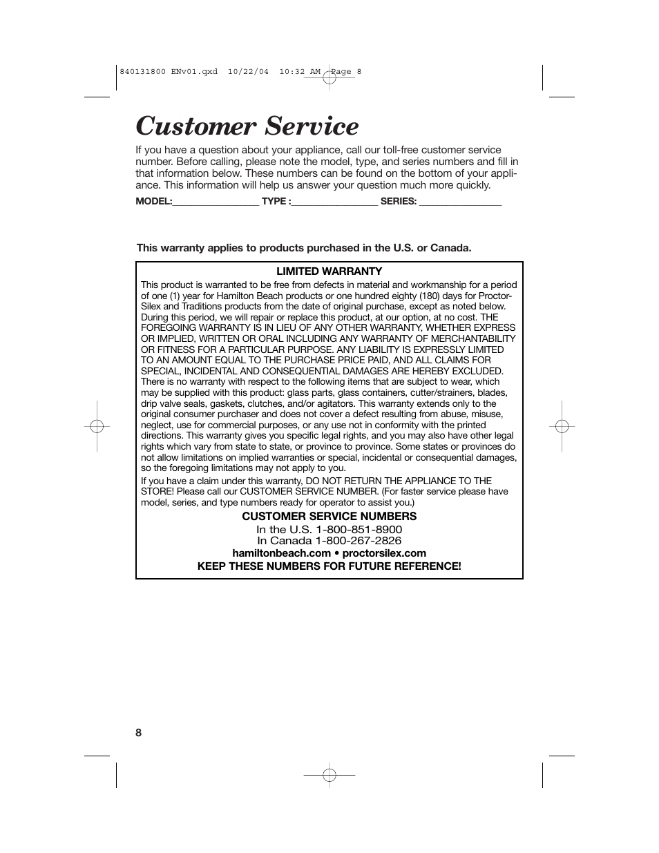 Customer service | Proctor-Silex 17610 User Manual | Page 8 / 24