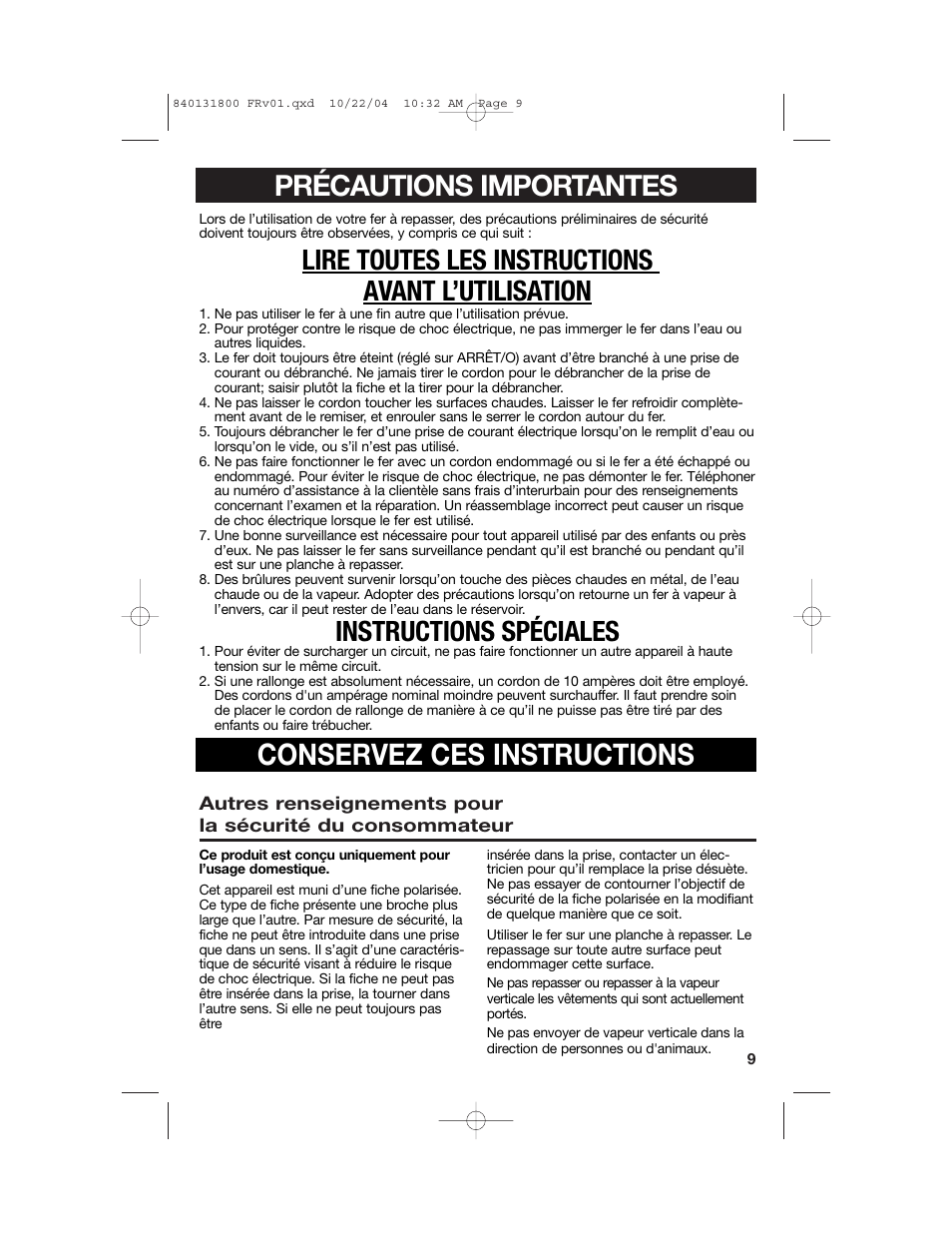 Conservez ces instructions, Précautions importantes, Lire toutes les instructions avant l’utilisation | Instructions spéciales | Proctor-Silex 17610 User Manual | Page 9 / 24