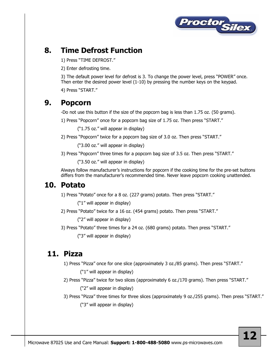 Popcorn, Potato, Pizza | Time defrost function | Proctor-Silex Microwave Oven 87025 User Manual | Page 12 / 17