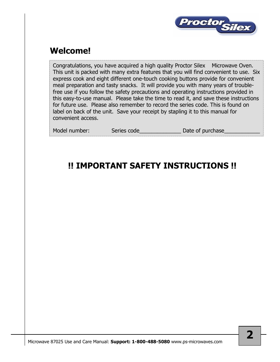 Welcome! !! important safety instructions | Proctor-Silex Microwave Oven 87025 User Manual | Page 2 / 17