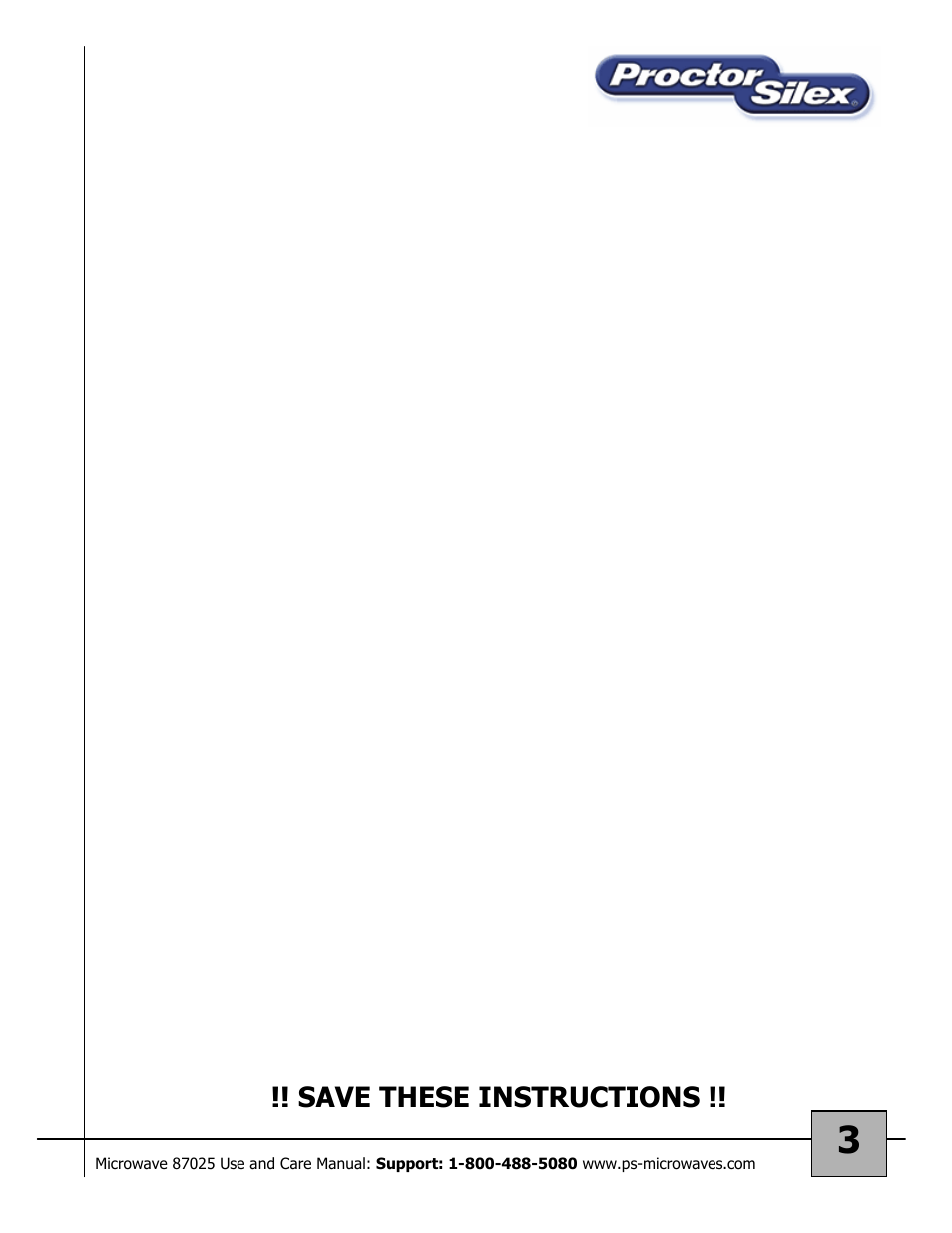 Save these instructions | Proctor-Silex Microwave Oven 87025 User Manual | Page 3 / 17
