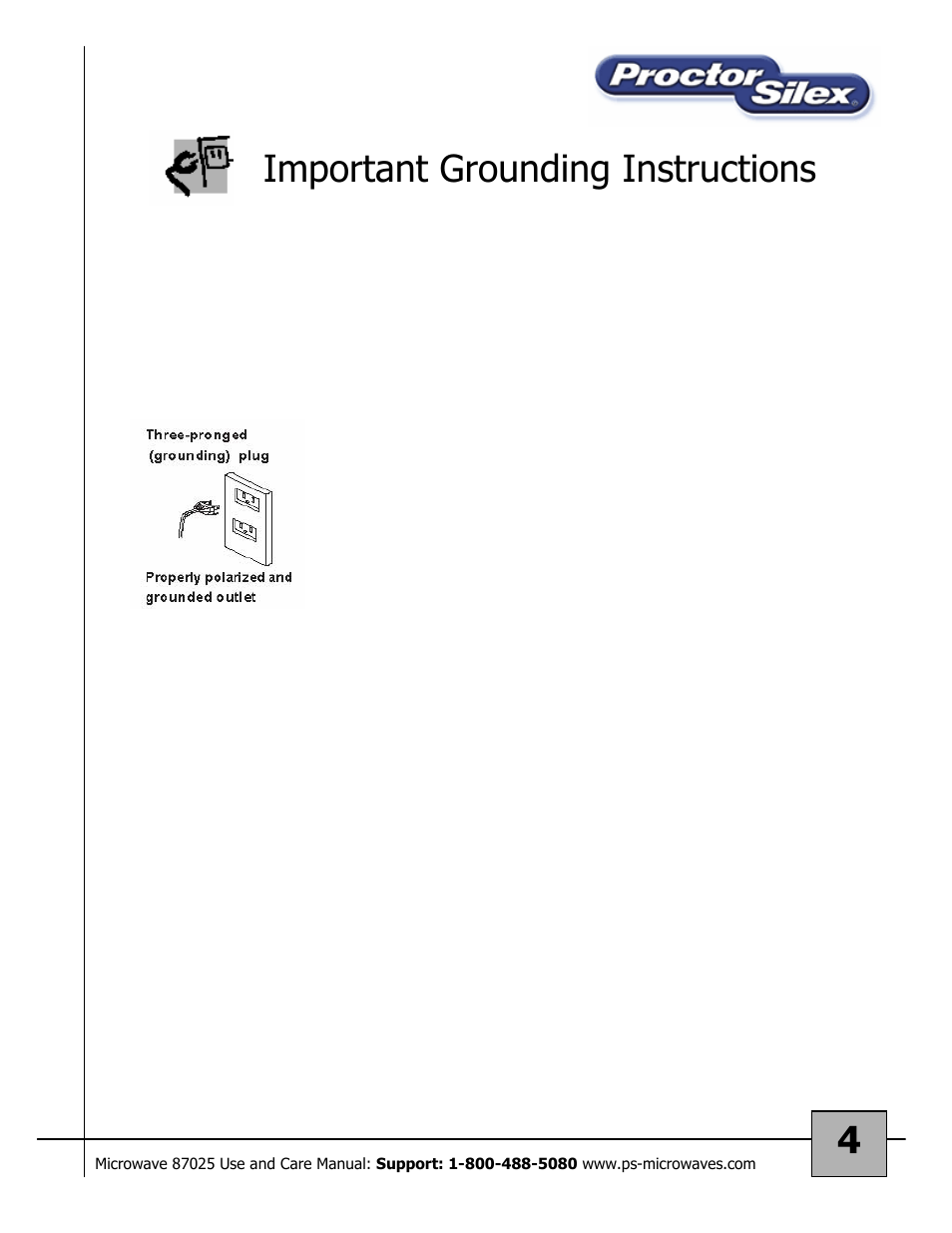 4important grounding instructions | Proctor-Silex Microwave Oven 87025 User Manual | Page 4 / 17