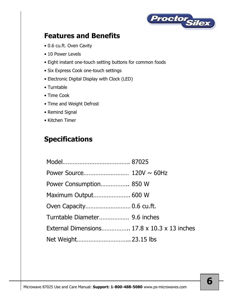 Specifications, Features and benefits | Proctor-Silex Microwave Oven 87025 User Manual | Page 6 / 17