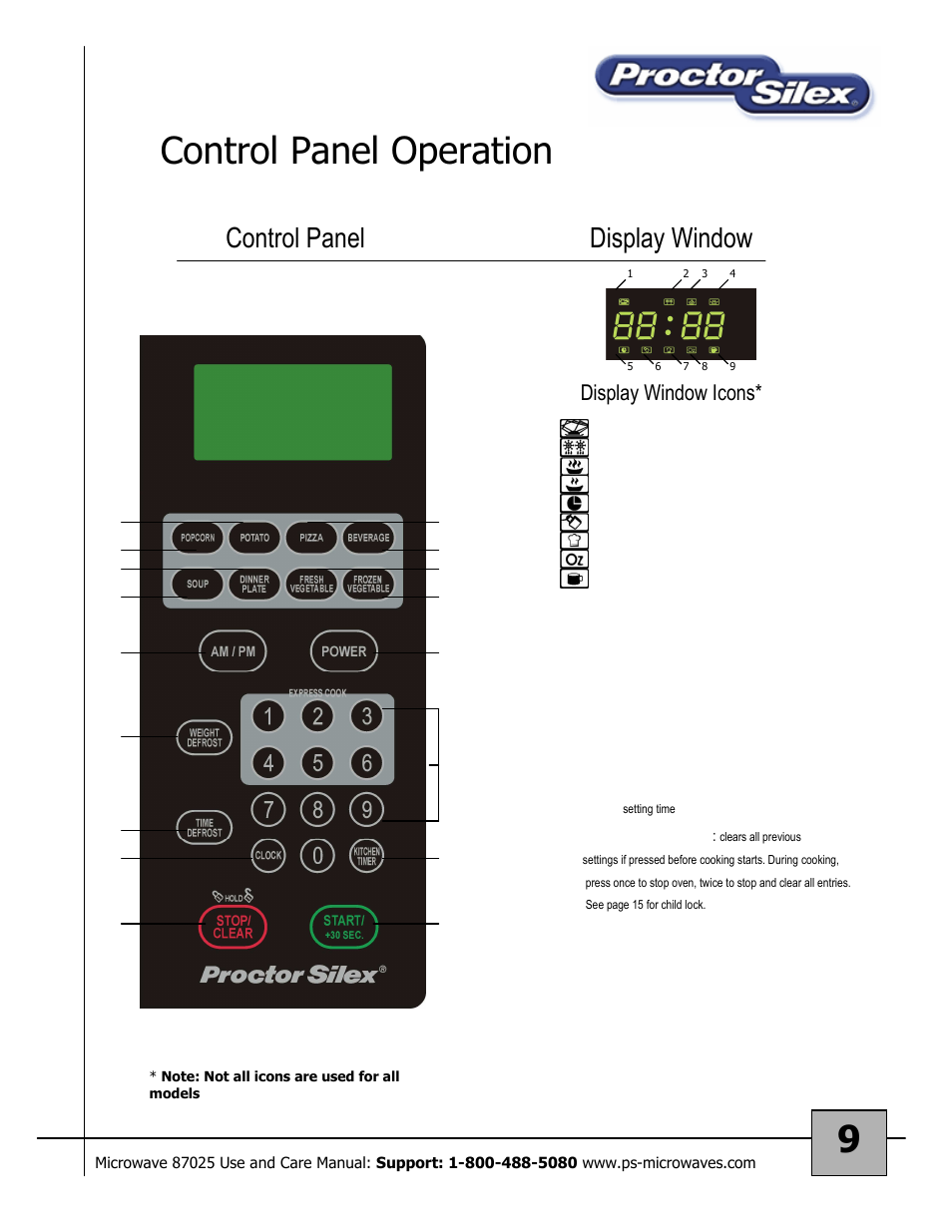 9control panel operation, Control panel display window, Display window icons | Proctor-Silex Microwave Oven 87025 User Manual | Page 9 / 17