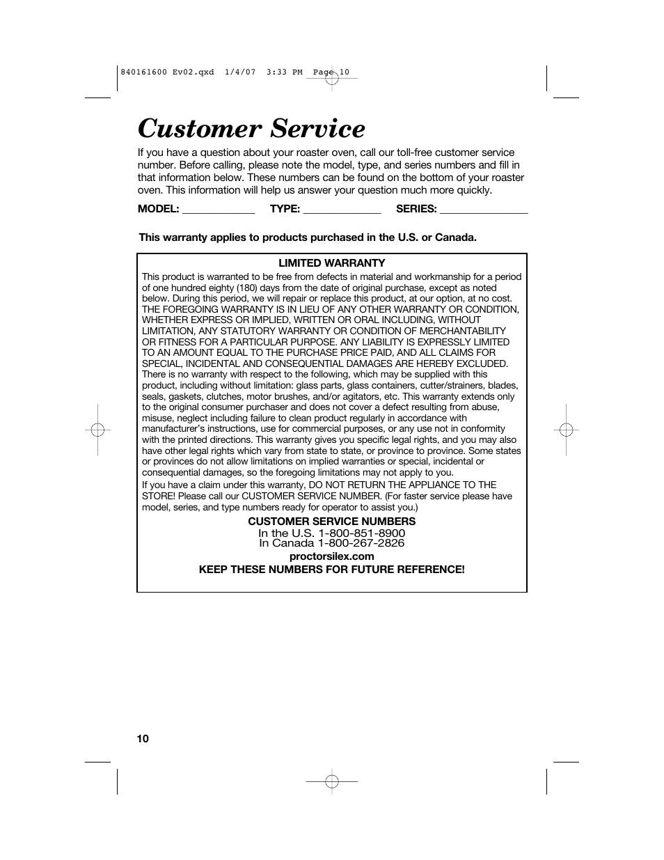 Customer service | Proctor-Silex 840161600 User Manual | Page 10 / 32