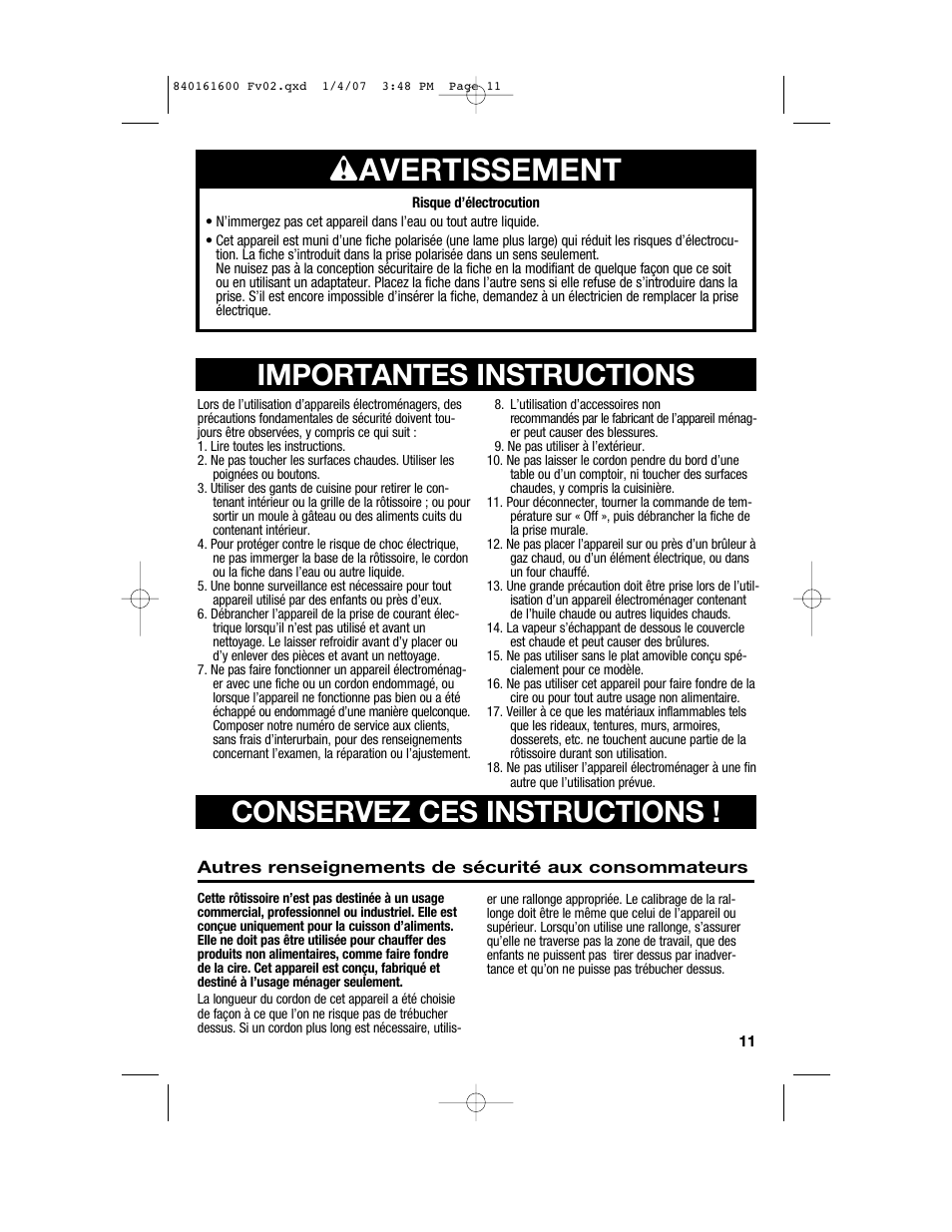 W avertissement | Proctor-Silex 840161600 User Manual | Page 11 / 32