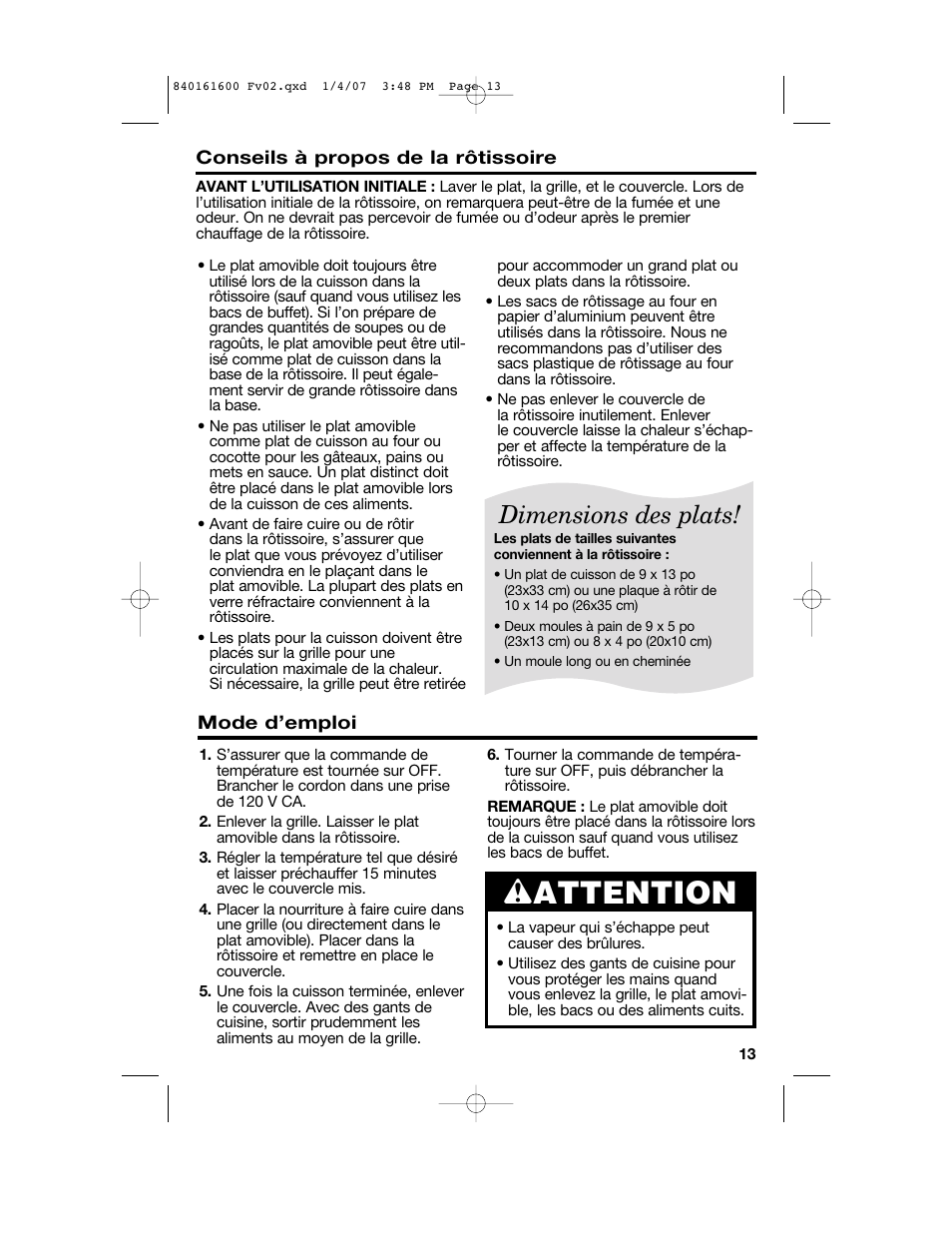 Wattention, Dimensions des plats | Proctor-Silex 840161600 User Manual | Page 13 / 32