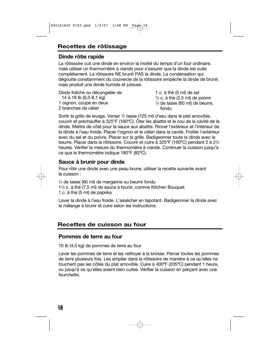 Dinde rôtie rapide, Sauce à brunir pour dinde, Pommes de terre au four | Recettes de rôtissage recettes de cuisson au four | Proctor-Silex 840161600 User Manual | Page 18 / 32