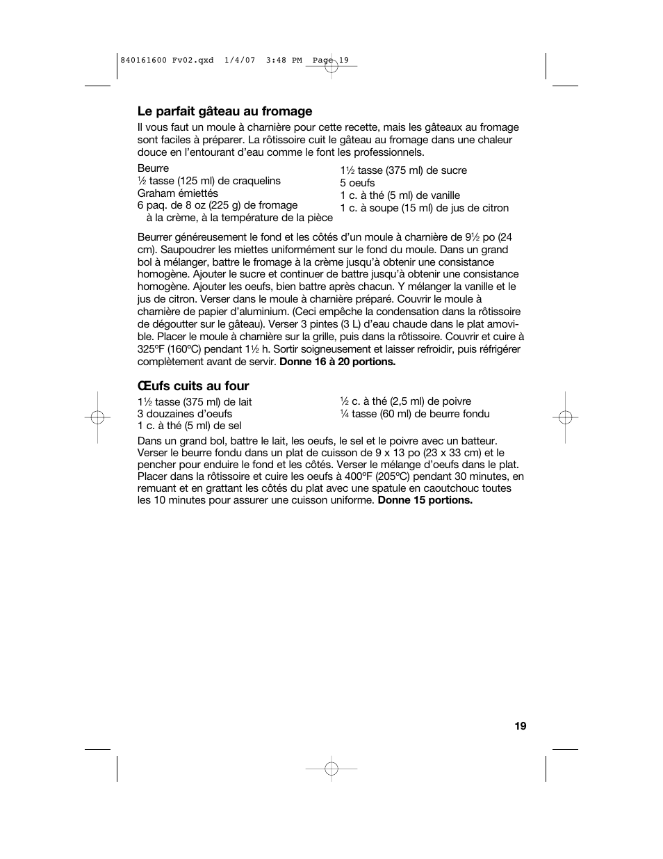 Le parfait gâteau au fromage, Œufs cuits au four | Proctor-Silex 840161600 User Manual | Page 19 / 32