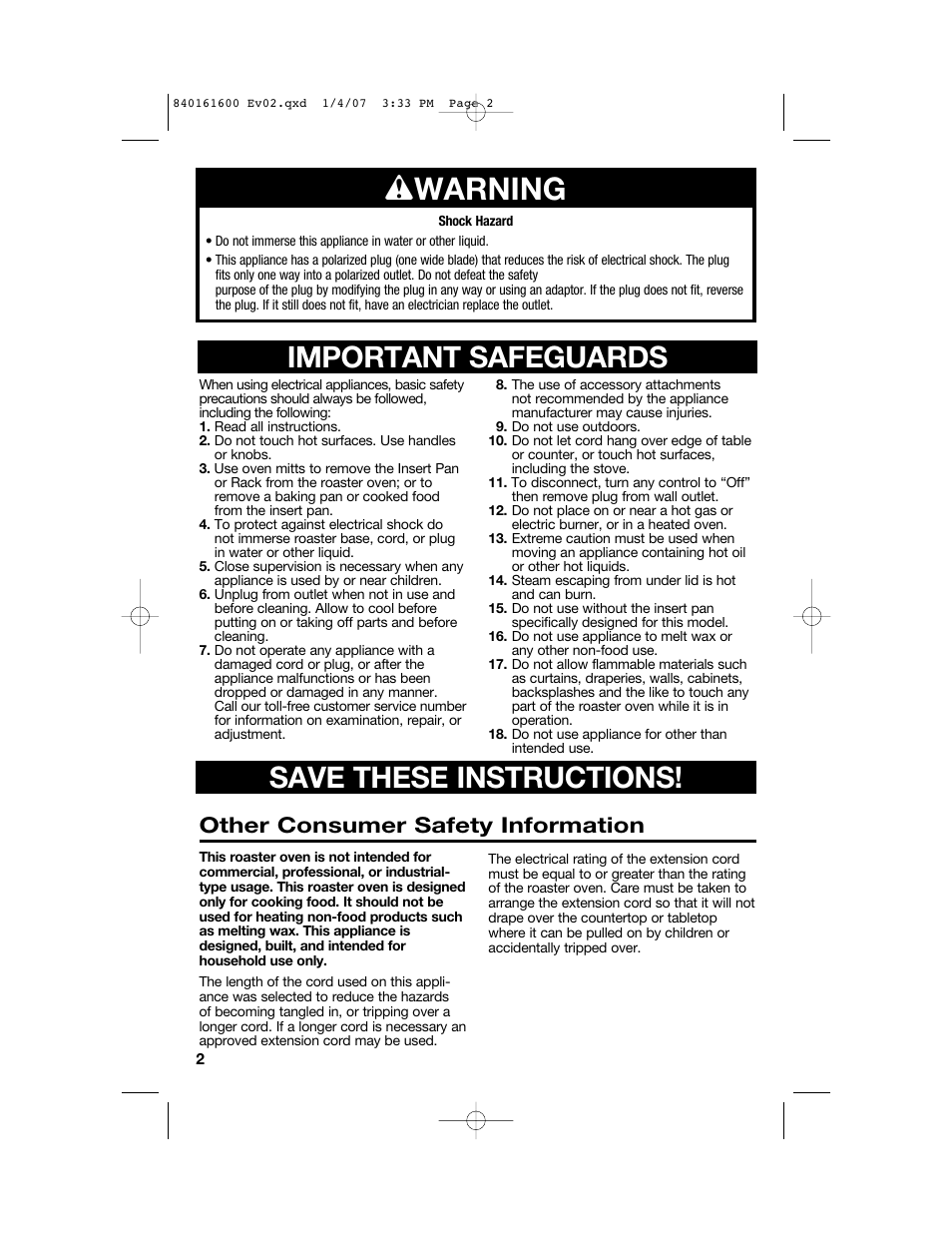 W warning, Important safeguards save these instructions, Other consumer safety information | Proctor-Silex 840161600 User Manual | Page 2 / 32
