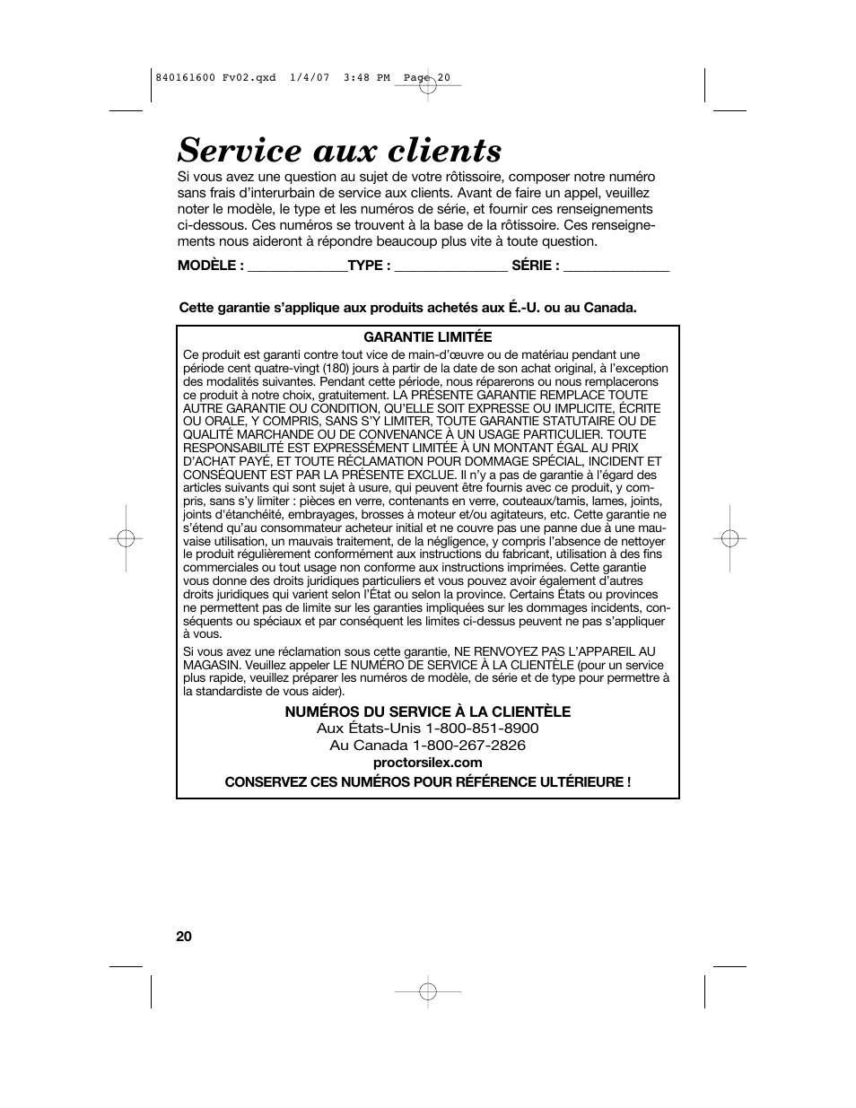 Service aux clients | Proctor-Silex 840161600 User Manual | Page 20 / 32