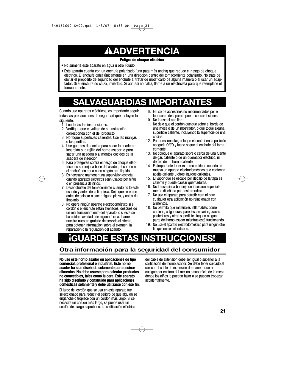 W advertencia, Salvaguardias importantes, Guarde estas instrucciones | Proctor-Silex 840161600 User Manual | Page 21 / 32