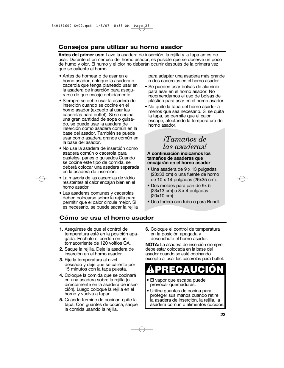 Wprecaución, Tamaños de las asaderas | Proctor-Silex 840161600 User Manual | Page 23 / 32