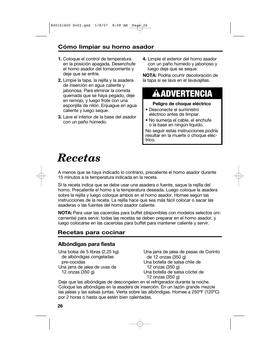 Recetas, W advertencia | Proctor-Silex 840161600 User Manual | Page 26 / 32